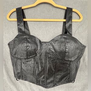O.L.M. Corset Crop Top Tank Womens Black Faux Leather Croc Bustier Smocked L